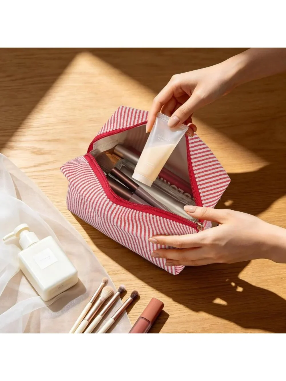 4PCS Travel Makeup Bag Set, Striped Toiletry Organizer Pouches, Cute Cosmetic